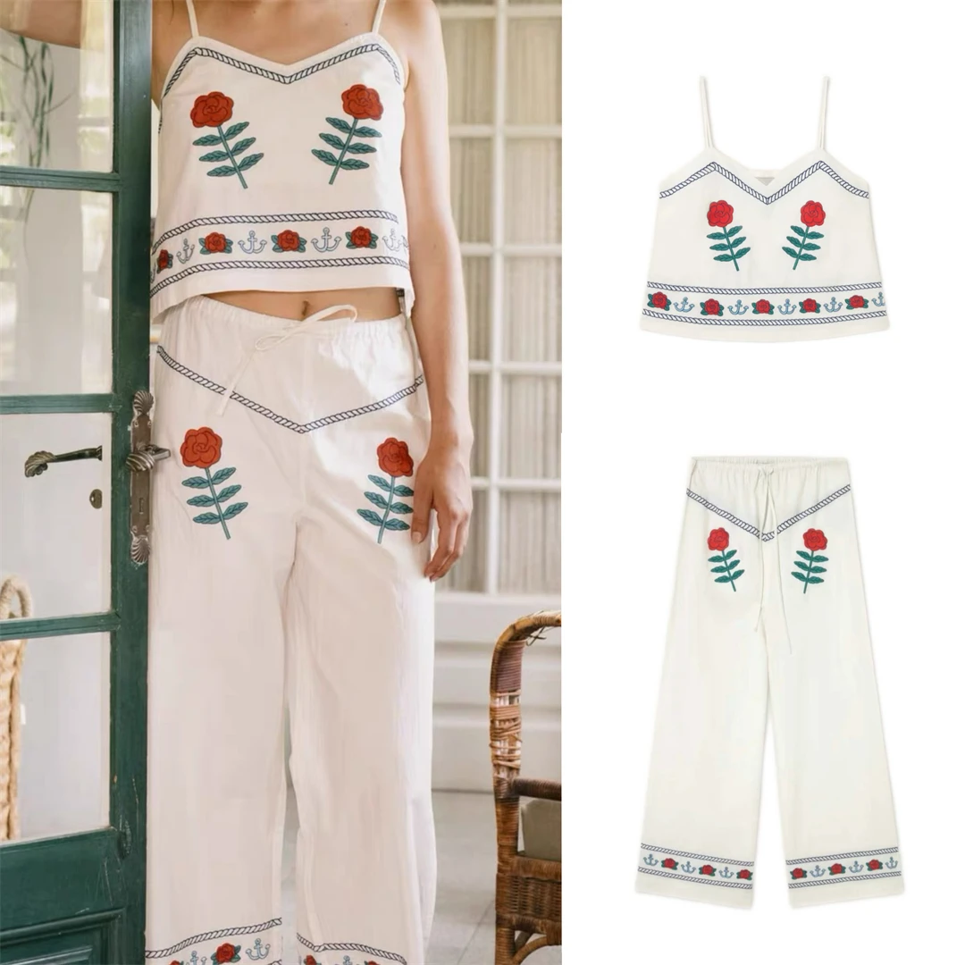 

Sweet Floral Embroidery Vest And Pants Set Paris Bigsis Spring Summer Cotton Breathable Women's Fashion Outerwear
