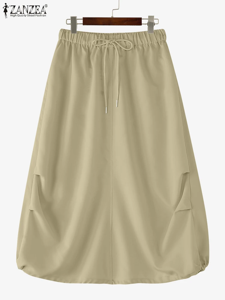 여성 Faldas ZANZEA 2025 가을 우아한 맥시 스커트 신축성있는 허리 솔리드 컬러 캐주얼 루즈 오버 사이즈 드로우 스트링 롱 오버 스커트