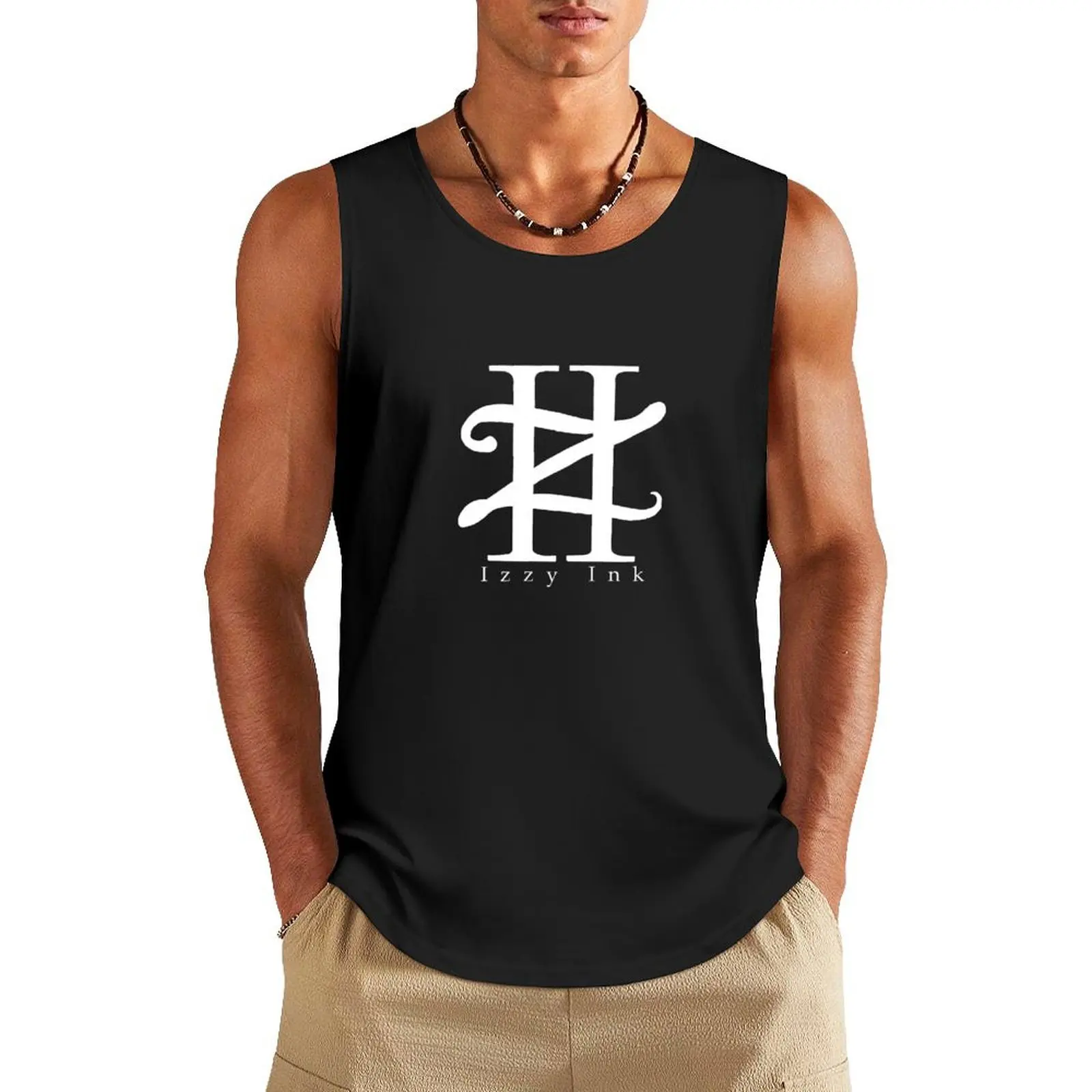 Izzy Ink in White Tank Top sleeveless gym shirts male men gym clothing