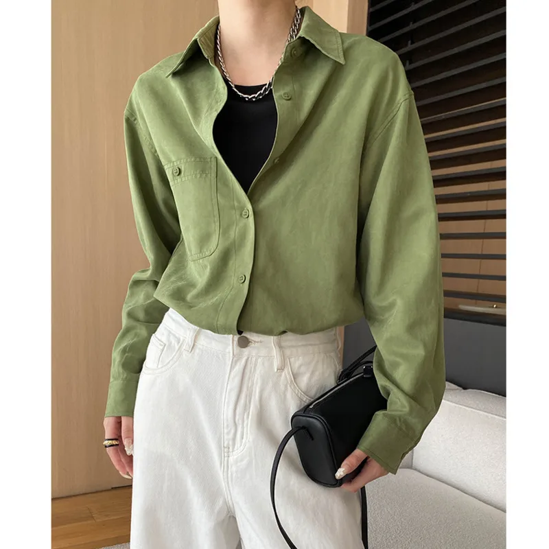 Autumn Vintage Lapel Collar Pocket Shirts Women Long Sleeve Single Breasted Loose Thick Casual Tops