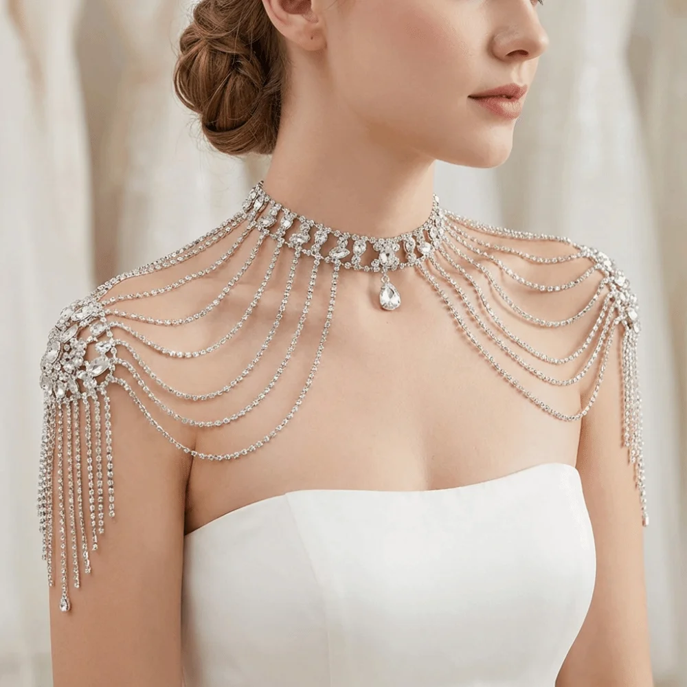 Luxurious Design Rhinestone Shoulder Necklace Gold/Silver Chain Elegant Bridal Tassel Necklace Multi-layer Fringed Easy To Wear