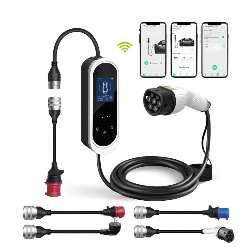 Smart Portable Electric Car Charger 22kW 32Amp EV Charger Type 2 IEC 62196-2 Standard Plug with Optional Adapters