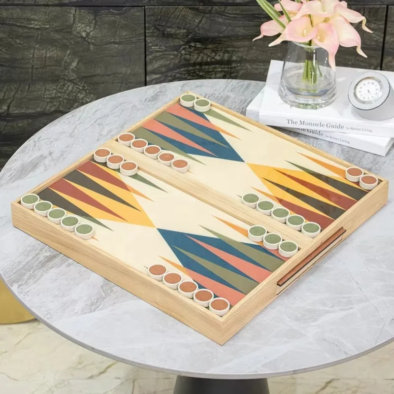 Elegant Modern Waterproof Home Decor Premium Wooden Backgammon Set with Colored Kaleidoscope Design