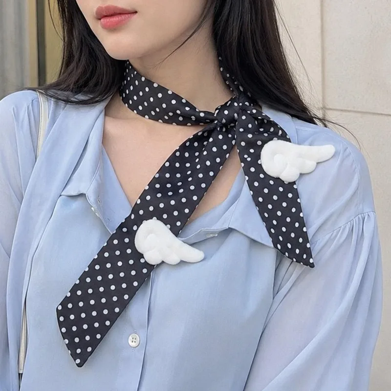 Polka Dot Wings Ribbon Scarf Y2K Hair Accessories Black Satin Long Neckerchief with Plush Wing Charm for Bag Headband Sweet Cool