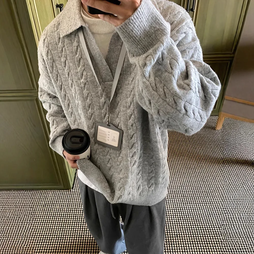 

Man Knitting Sweater 2025 Winter Men's Grey Fake Two Piece Sweater Non Pilling V Neck Lazy Layering Knitwear