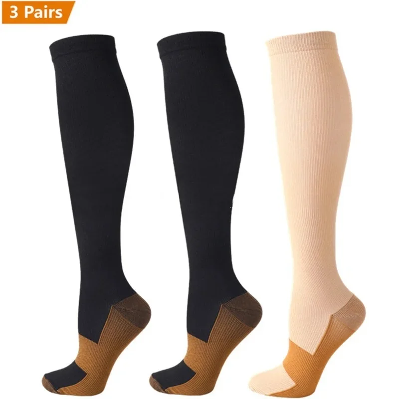 3 Paar Koperen Compressie Sokken Vrouwen Mannen Anti Vermoeidheid Pijnbestrijding Afgestudeerd Unisex Compressie Kousen Knie Hoge 15-20 MmHg