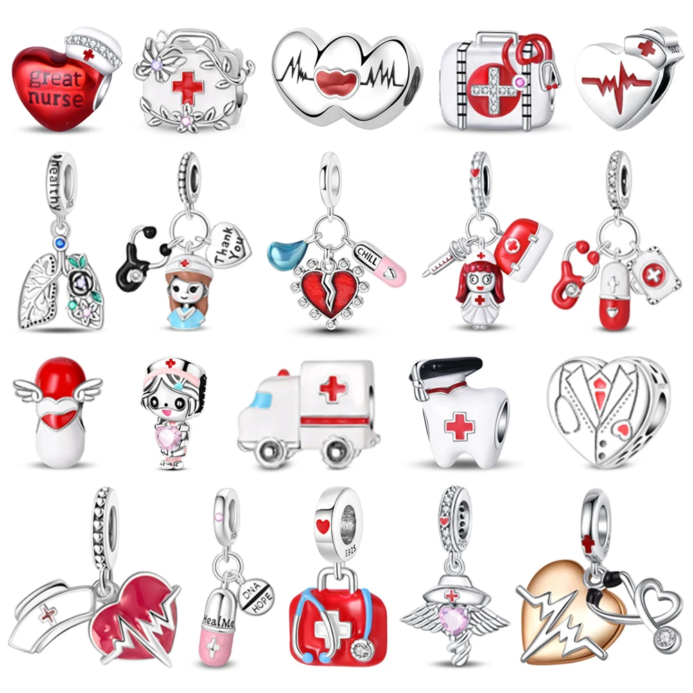 

Classic 925 Sterling Silver Ambulance Beads & Pill Stethoscope Medicine Box Dangle Charm Fits Bracelet Nurse's Day Pendant Gifts