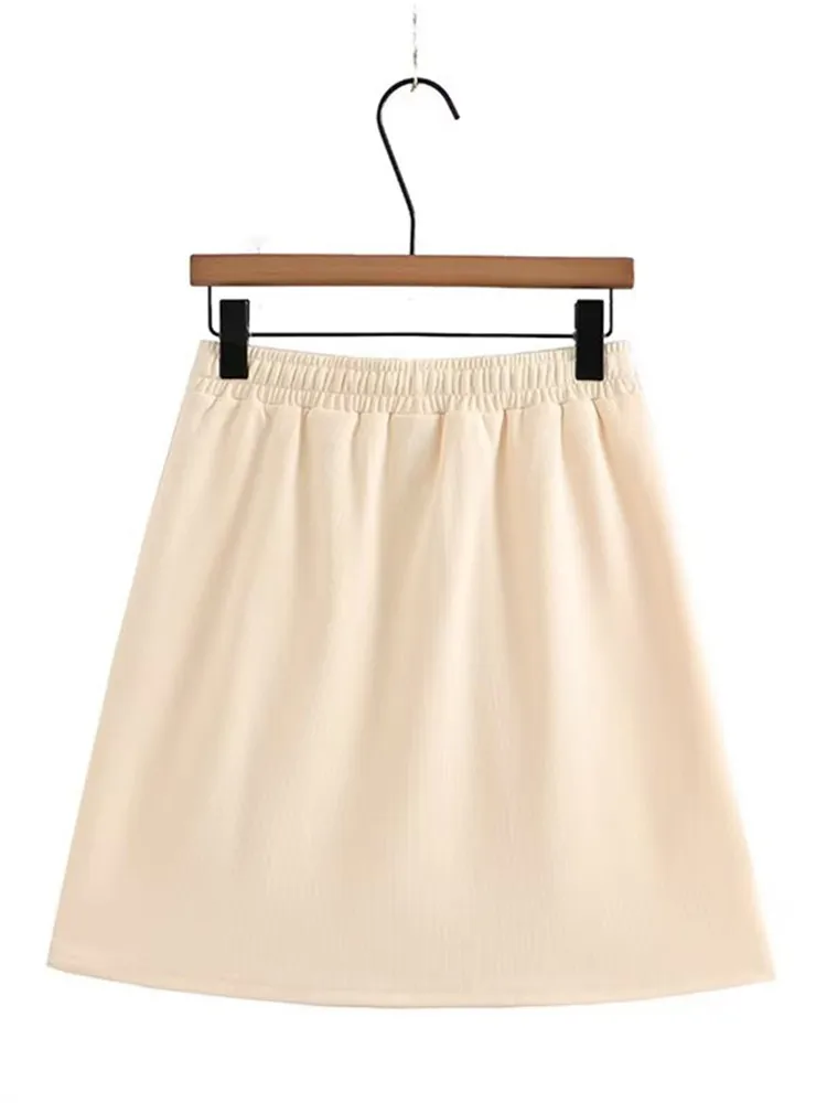 Plus Size Women\'s Clothing Half-Skirt Elasticated Waist With Drawstring Solid Non-Stretch Mini Skirt With Pocket Summer Skirt