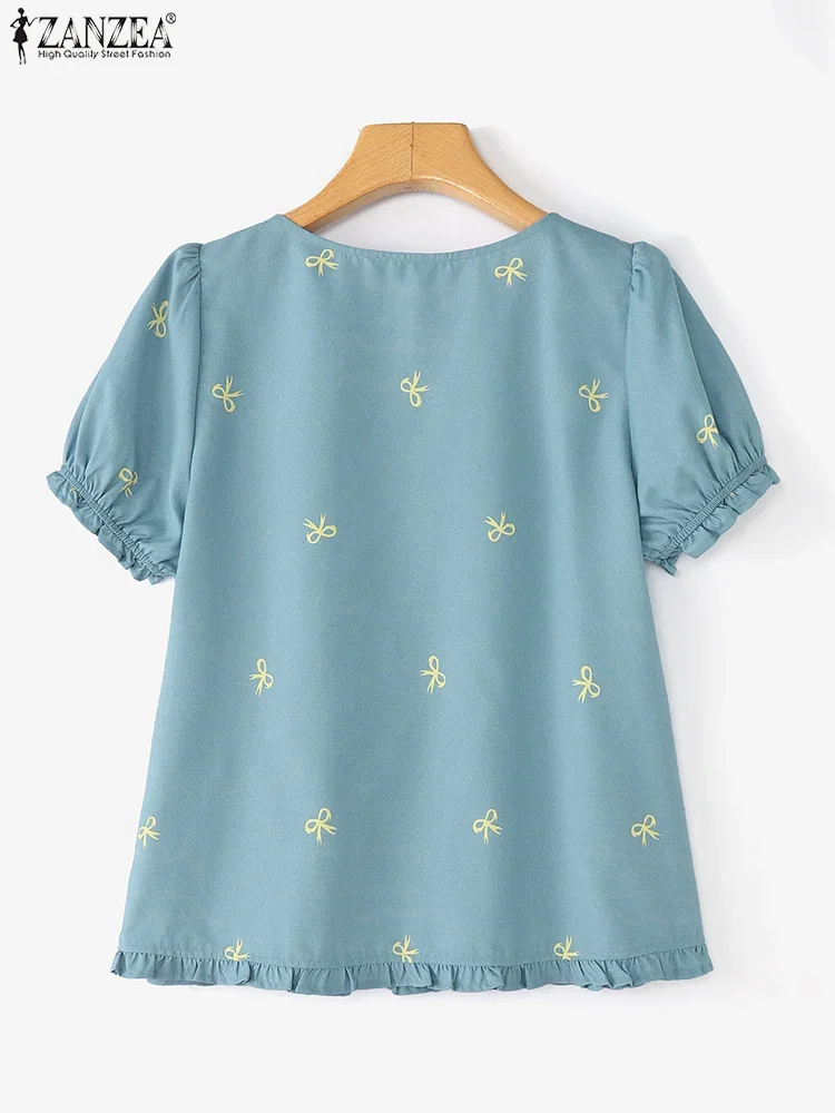 ZANZEA قمصان نسائية كورية مطبوعة بفيونكة تونك أزرار 2025 بلوزات صيفية بأكمام قصيرة مكشكشة بلوزات أنيقة غير رسمية #5