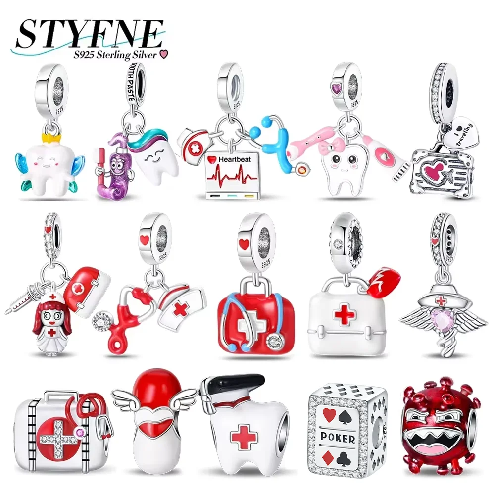 Silver 925 Dental Medical Series Emergency Kit Nurse Hat Stethoscope Charms Pendants Fit 925 Original Bracelets DIY Jewelry