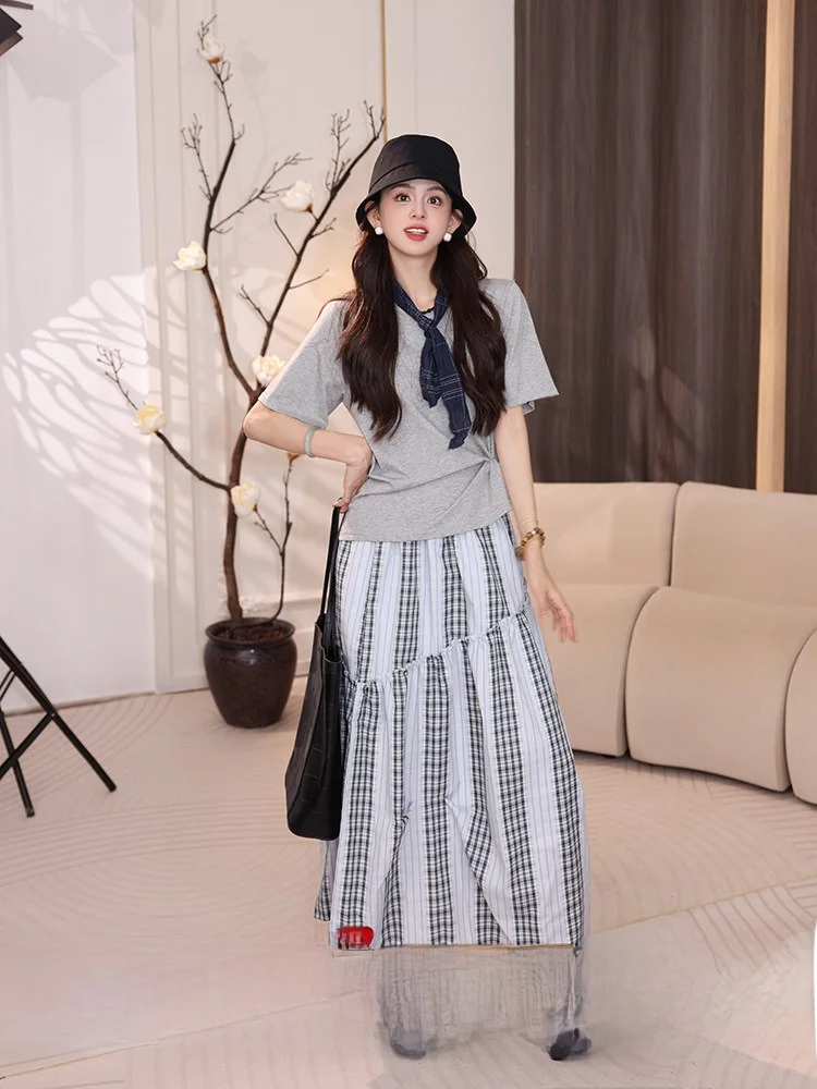 

Chen Jiajie Women's Plaid A-Line Midi Skirt High Waist Patchwork Summer New Arrival Midi Skirt Vintage Style Polyester Cotton...