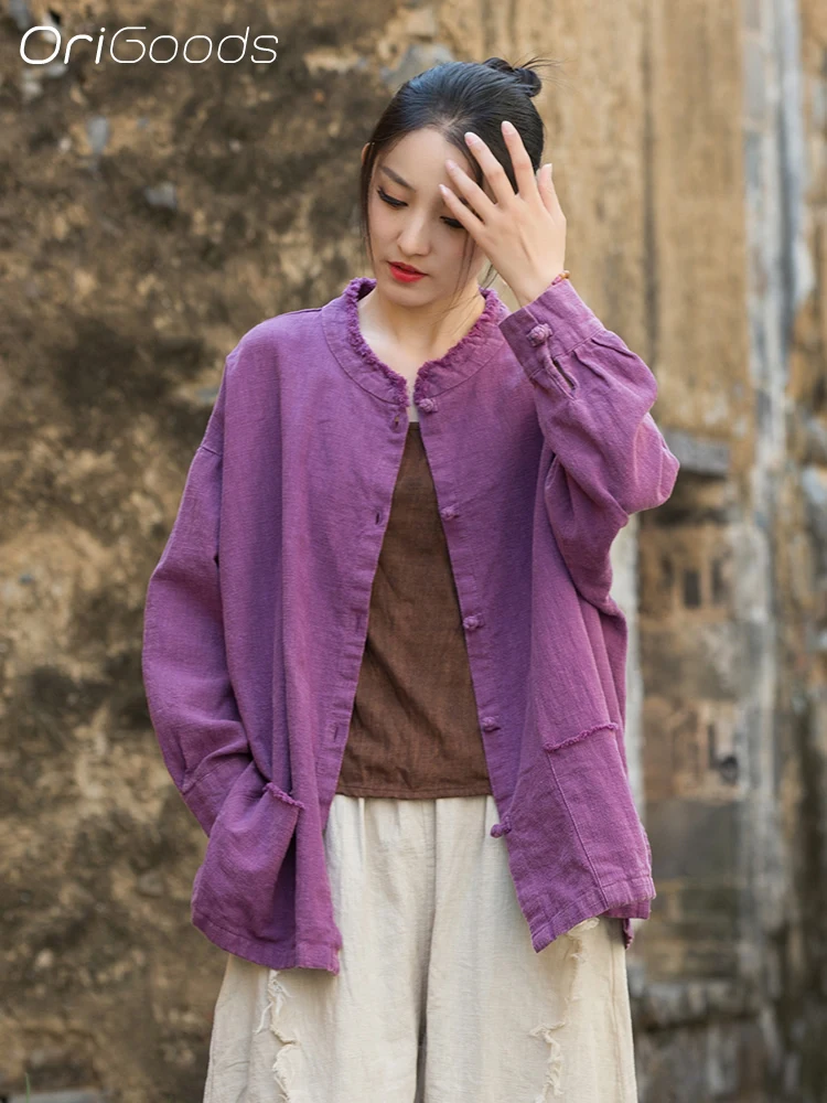 

OriGoods OVERSIZED Shirt Women Long Sleeve Spring 2025 New Vintage Shirt Ramie Cotton Natural Fabric Chinese Style Top Coat B290
