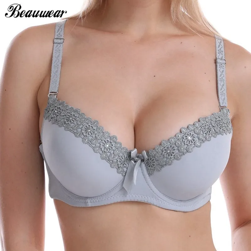 Beauwear Thick Padded Push Up Bras for Women A B C Cup Deep V Plus Size 36 38 40 42 Floral Lace Emboridery Adjusted-straps Bra