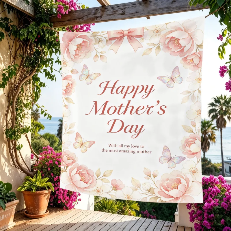 Happy Mother's Day Carnation Lily Tapestry, Watercolor Peony Bow Polyester Wall Hanging Indoor and Outdoor Room Decoration