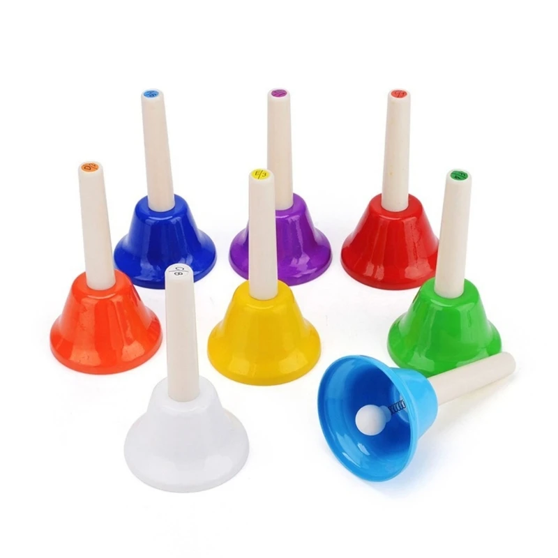 Colorful 8 Note Handbells Set Musical Bells Hand Percussion Bells Music Toy for Church Chorus, Wedding, Family Party