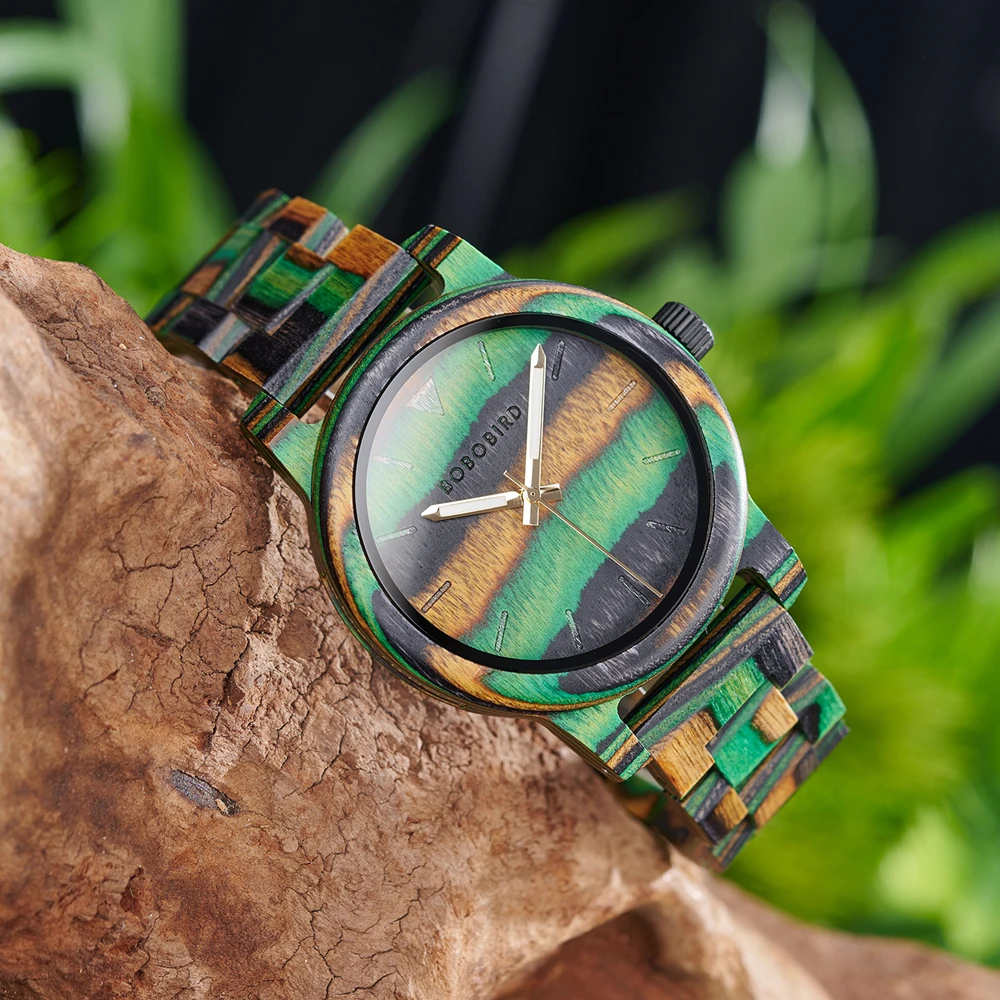 BOBO BIRD Colorful Wood Men's Watch Japanese Quartz Movement Wristwatch Relogio Masculino Clock Male Timepiece Customized