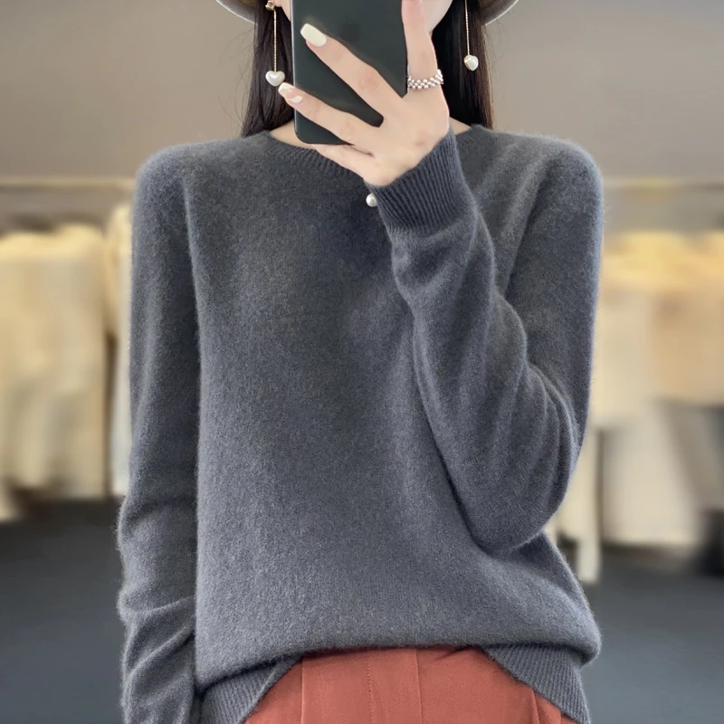 100% pure wool cashmere sweater women's O-neck pullover casual knit top autumn and winter women's coat Korean fashion