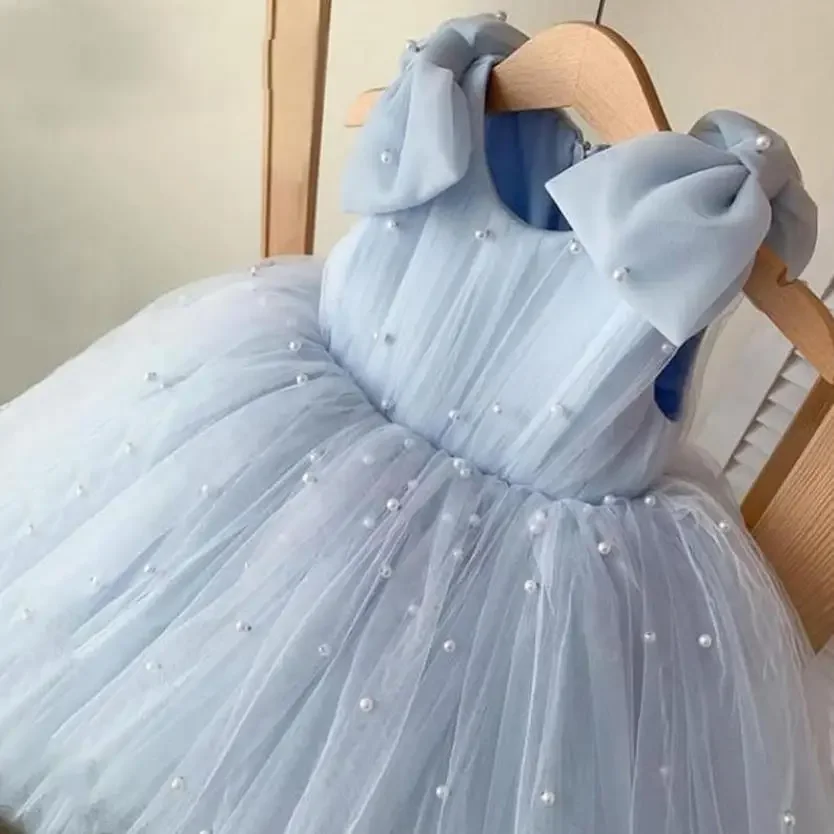 

2024 New Children‘s Princess Ball Gown Bow Pearls Mesh Design Kids Wedding Birthday Baptism Party Girls Sleeveless Dresses