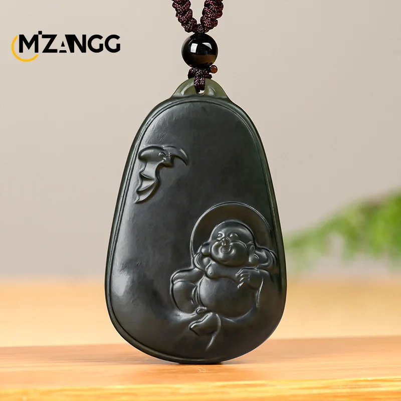 

Natural Hetian Jade Ink Jade Smiling Buddha Maitreya Buddha Jade Pendant Hand-carved Charm Buddha Necklace Men and Women Gift