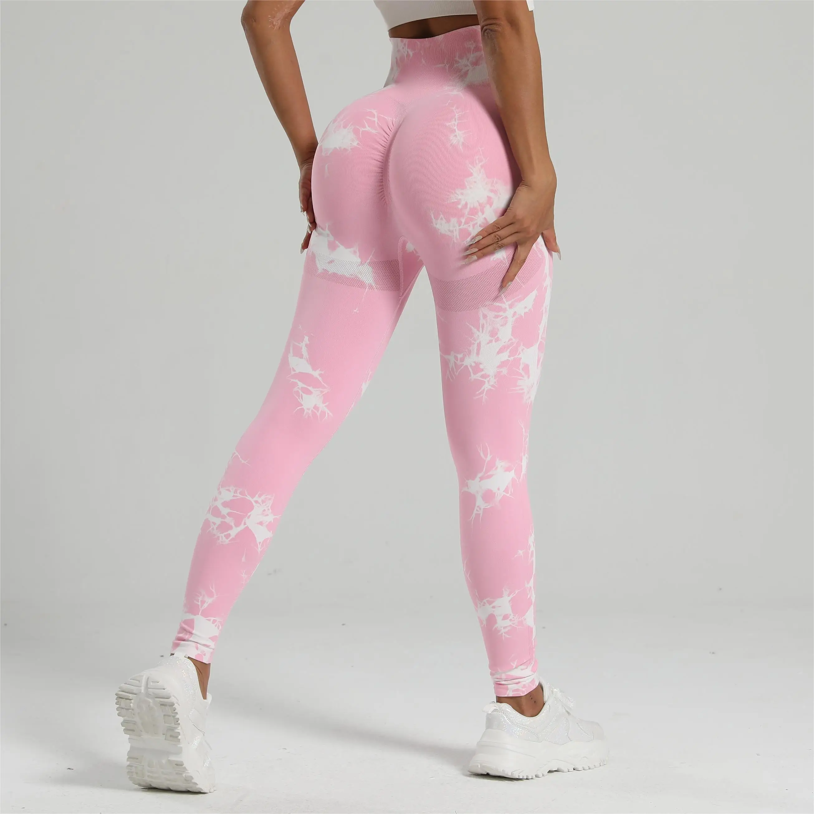 2Pcs Tie Dye Gym Leggings Women Seamless Yoga Pants Scrunch Sports Tights High Waist Workout Training Leggins Light Pink