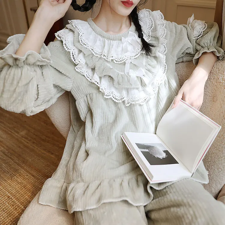 

Warm Sleepwear Women Winter Velvet Pijamas Lady Girl Full Length Cute Pyjamas Round Neck Pj Sets for Women