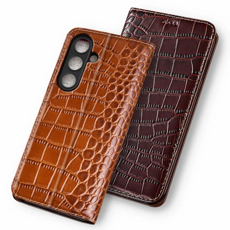 Cases For SAMSUNG Galaxy S24 S23 S22 S21 S20 Plus Ultra FE 5G Crocodile Flip Case Cowhide Genuine Leather Magnetic Wallet Covers