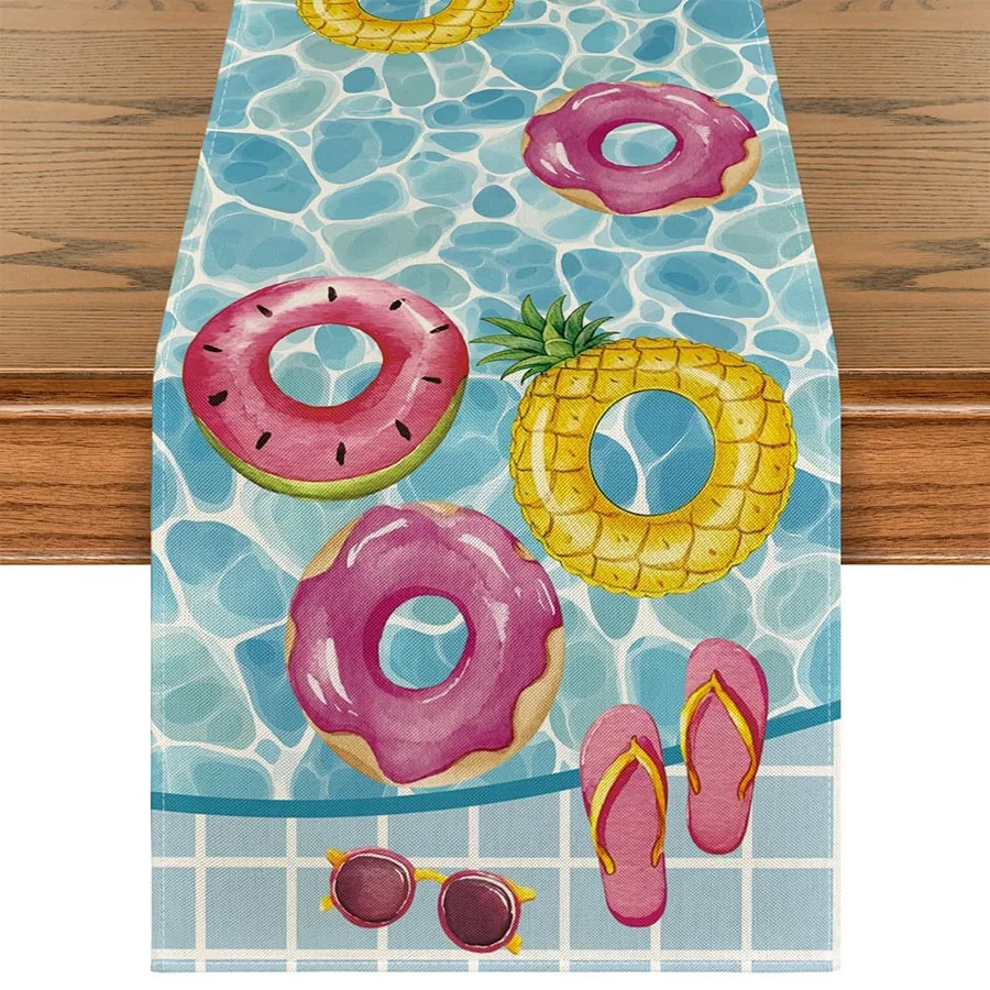 Summer Swimming Pool Table Runner Pineapple Donut Watermelon Swim Ring Table Cover For Outdoor Picnic Party Dining Room Decor