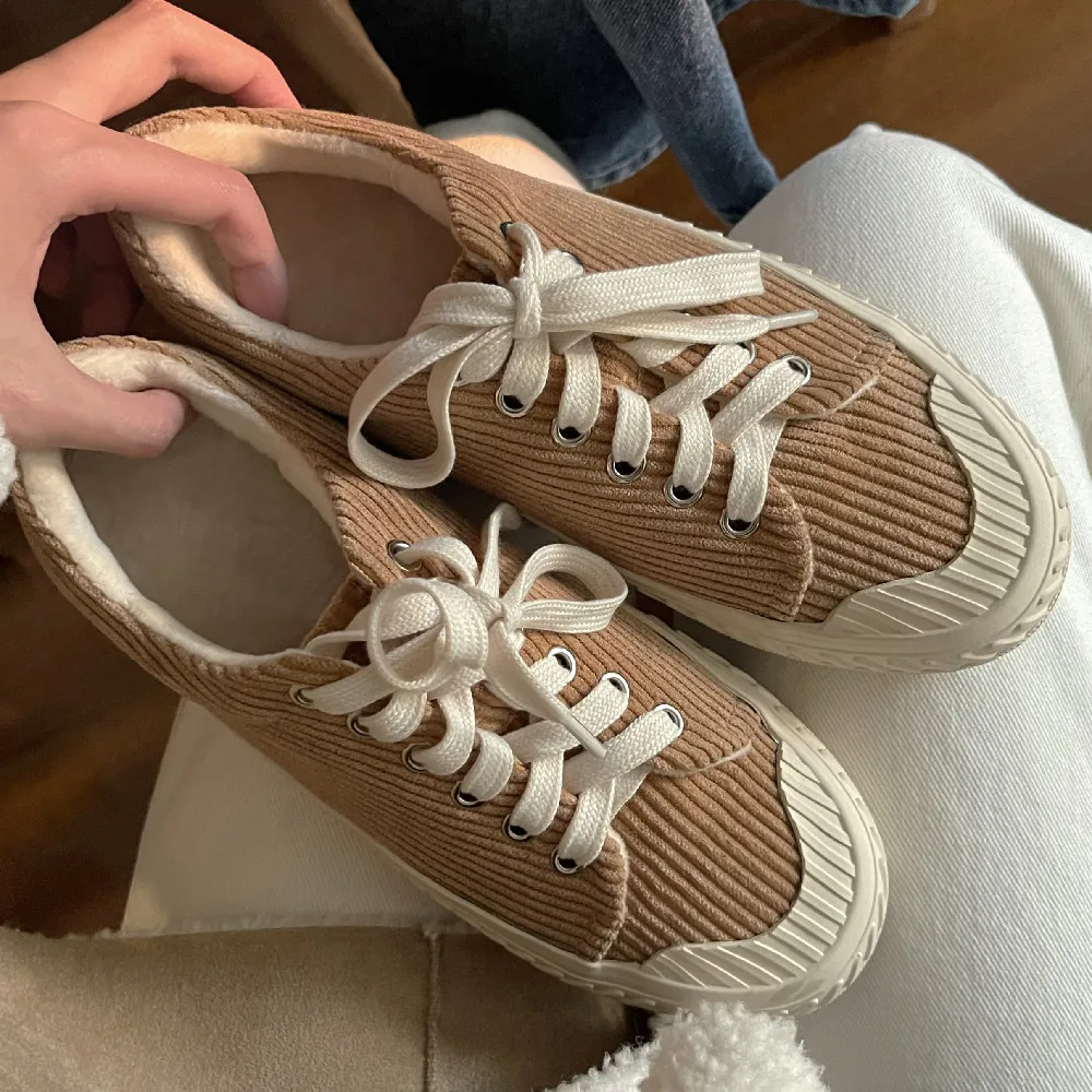 

Women's velvet lace-up flats canvas round toe casual female soft comfortable espadrilles four season student style sneakers shoe