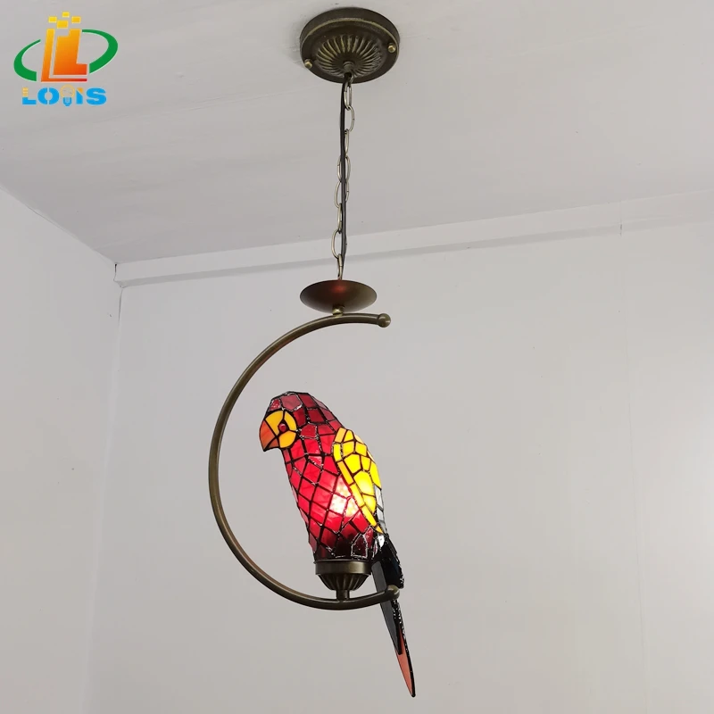 American Parrot Iron Chandelier Tiffany Style Restaurant Bar Decoration Animal Atmosphere Lamp Warm Color Antique Colored Glass