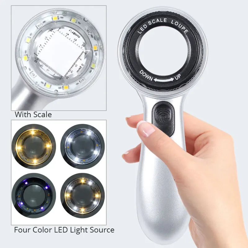 

30X Handheld Magnifier Rechargeable Magnifying Glass with 4-Color Led Light Source Scale Jewelry Watch Loupe Reading Magnifier