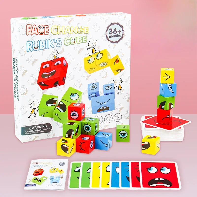 Kids Face Change Cube Game Montessori Expression Puzzle Building Blocks Toys Early Learning Educational Match Toy for Children