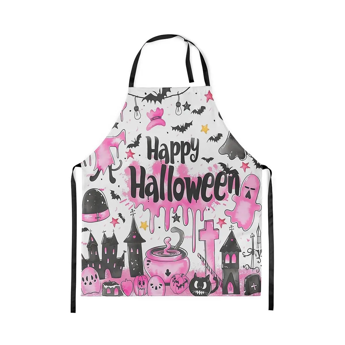 

Happy Halloween Kitchen Apron Pink Graffiti Cartoon Ghost Apron for Adults Style Castle Pumpkin Waterproof Apron