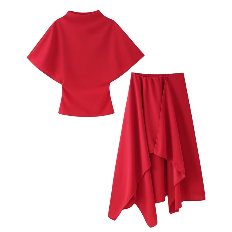 Conjunto de Dos Piezas Estilo Coreano para Mujer Guobioziy: Top de Manga Capa con Cuello Alto y Falda Asimétrica de Cintura Alta, Elegante para Fiesta