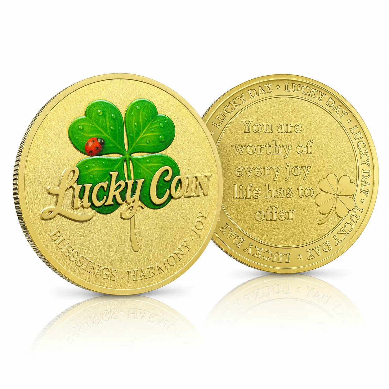Four Leaf Clover Lucky Coins Blessings Harmony Joy 'You Are Worthy of Every Joy Life Has To Offer' Good Luck Gift Collection