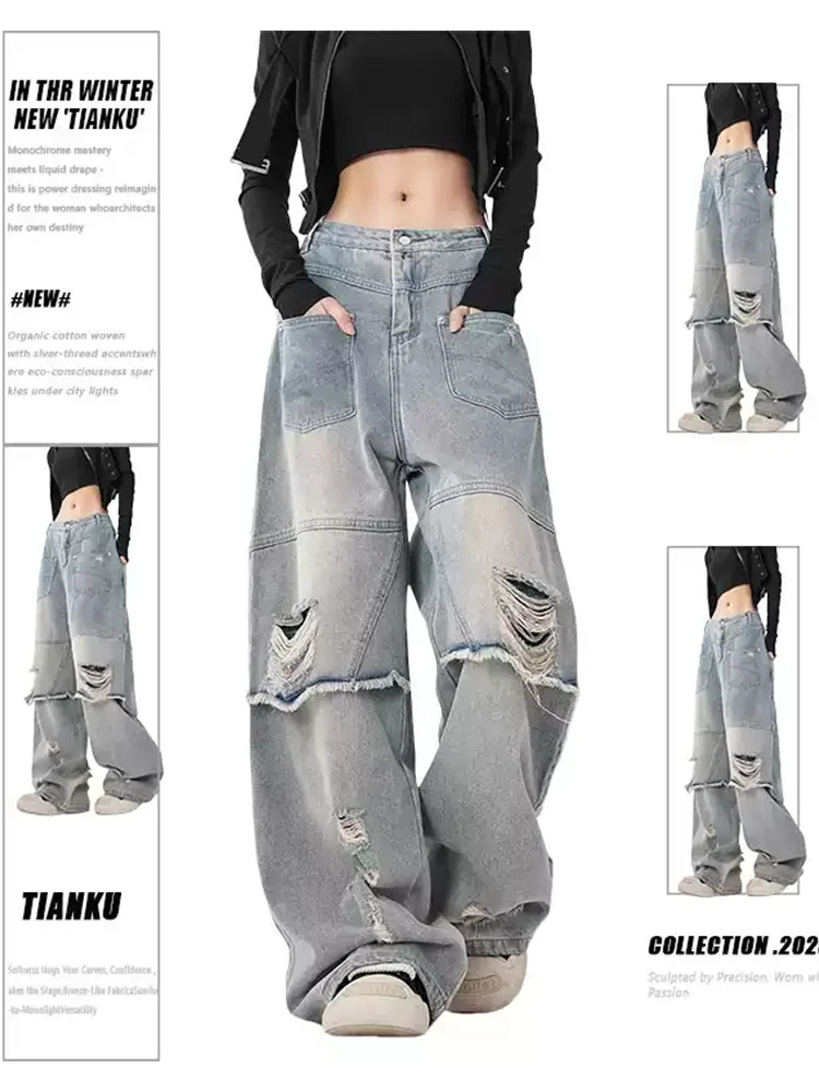 

Women's Blue Ripped Cargo Baggy Jeans Y2K Japanese Harajuku High Street 90s Aesthetic 2000s Wide Leg Cowboy Pants Clothing 2025
