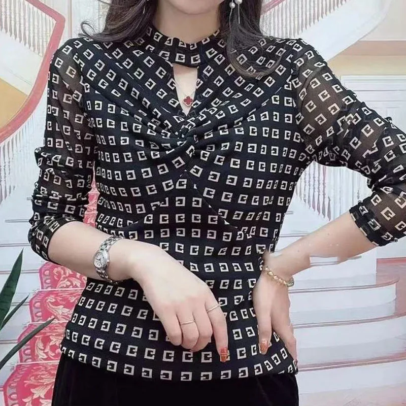 Fashionable Slim Letter Gauze T-shirt Women's Clothing Autumn Female Clothing Korean Temperament Long Sleeve Hollow Out Tops