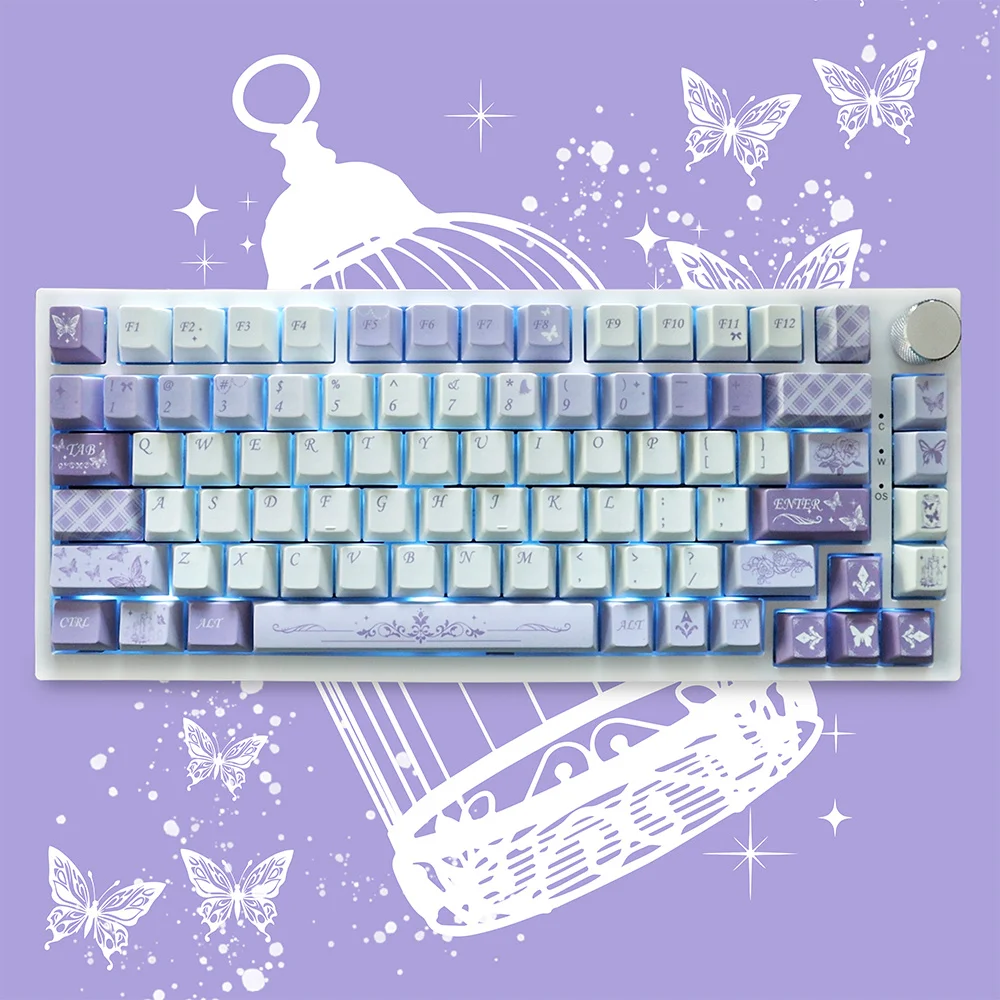 Customized Butterfly Love Theme Keycaps Cherry Profile Set 129 KeysDye Sub Clear Pattern PBT for Mx Switch Mechanical Keyboard