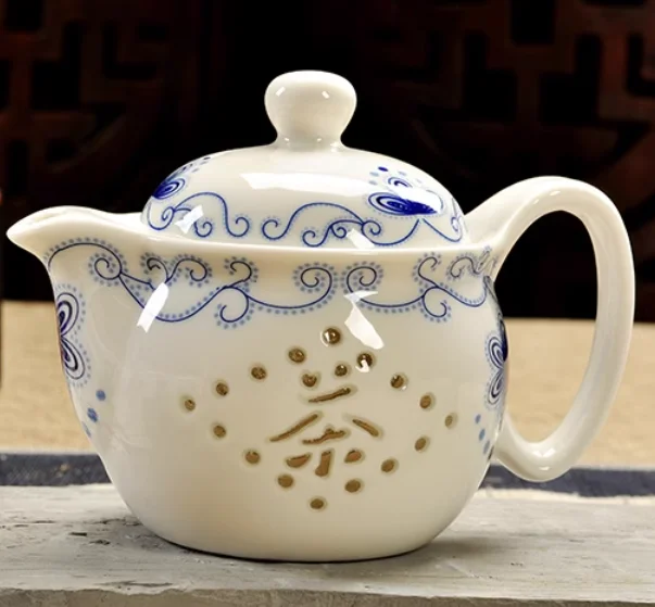 Blue and White Porcelain Teapot, Household Handhold Teapot, Filter Handmade, Exquisite Hollow Tea Set, Kungfu Ceramics