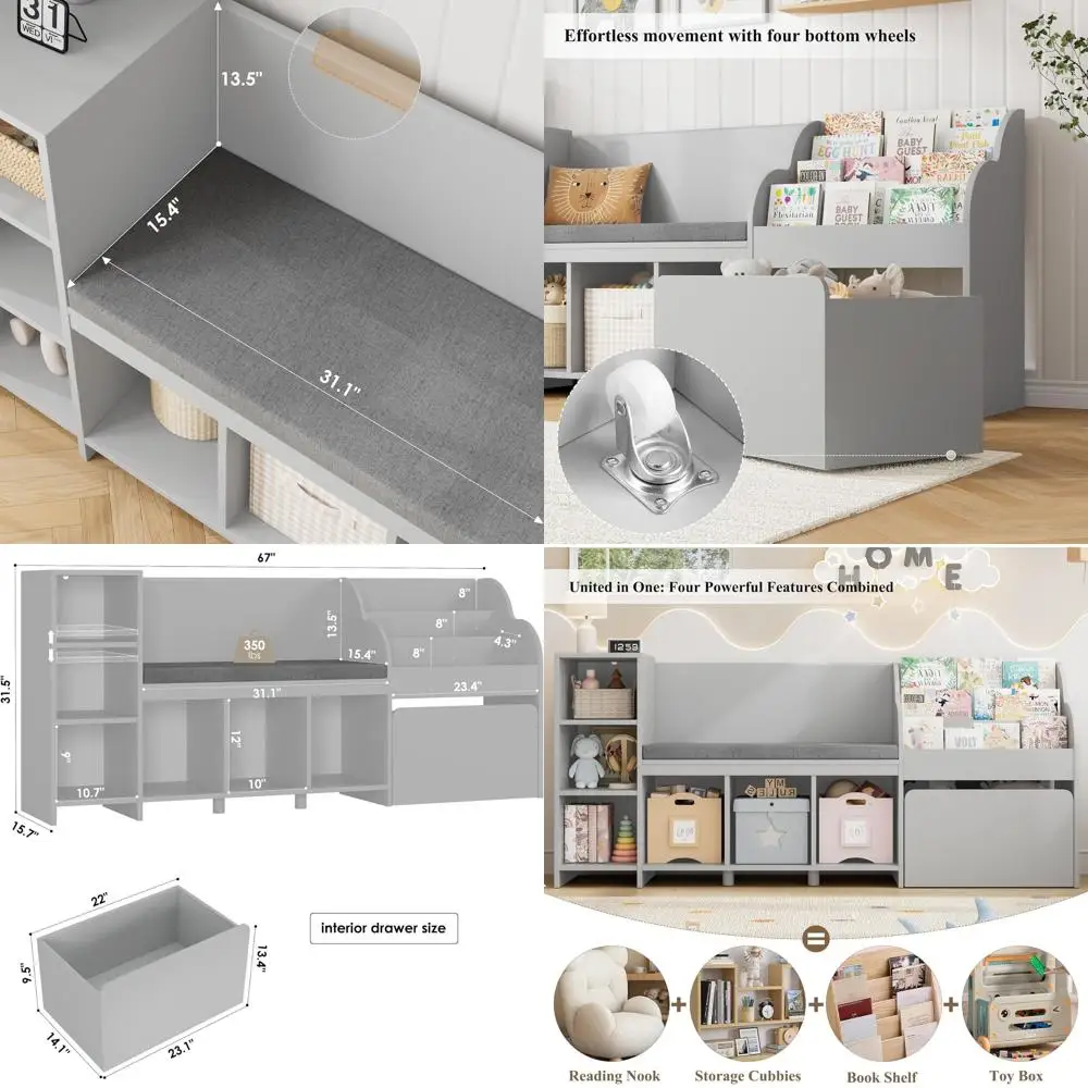 

Большая детская книжная полка 67 с местом для хранения игрушек и зоной для чтения, на колесиках, серая