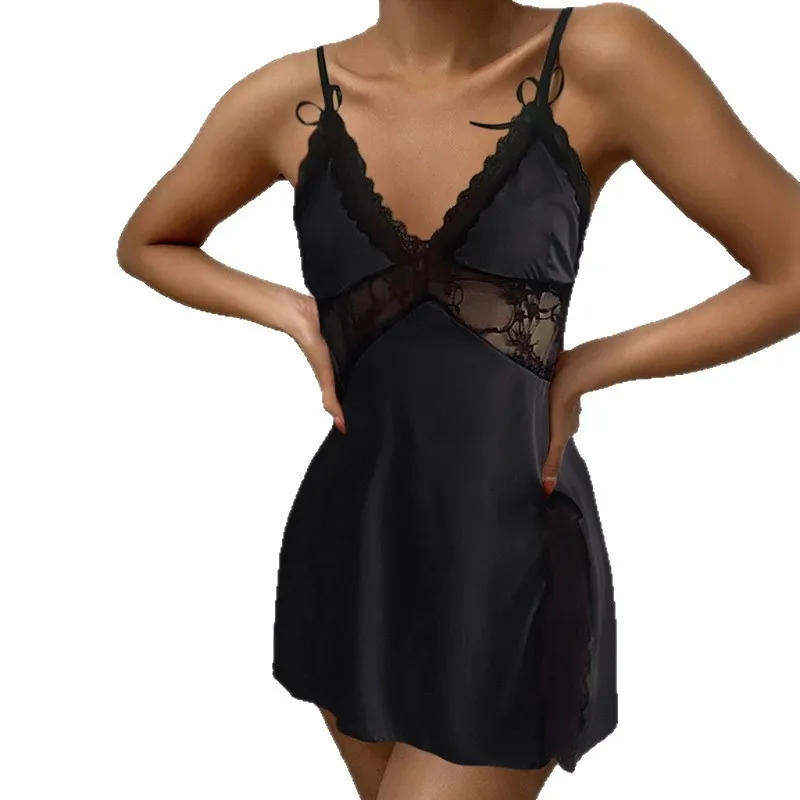 Sexy Lace V-Neck Summer Nightgown Wear Women Red Satin Nightgown Black Lace Bow Strap Side Slit V Neck Sexy Slip Chemise Z8Y6