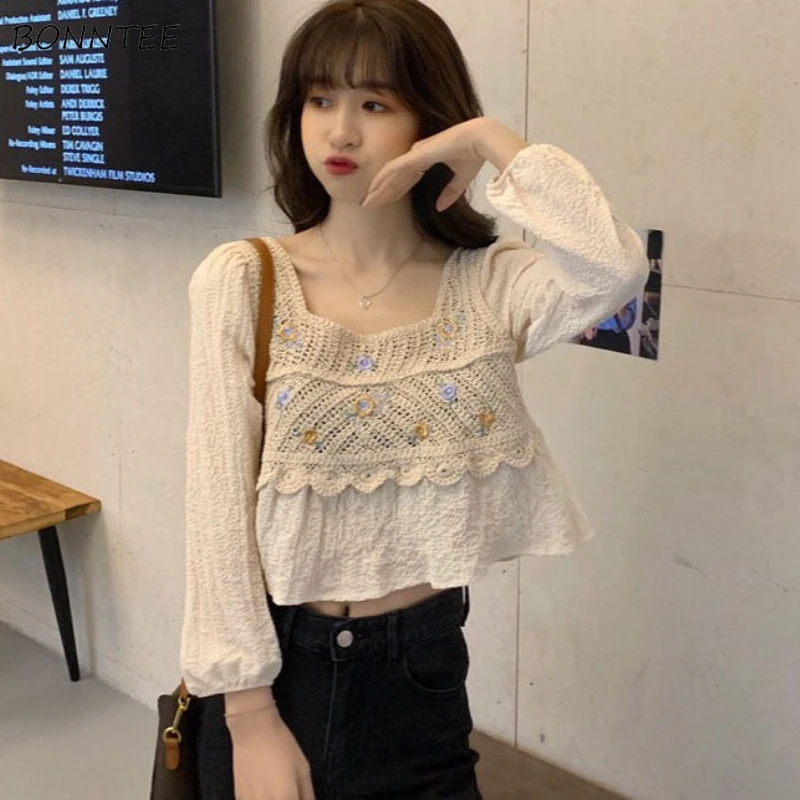 Blouses Women Hook Flower Hollow Stylish Retro Simple Design Harajuku Female Sweet All-match Summer Elegant Daily Crop Leisure