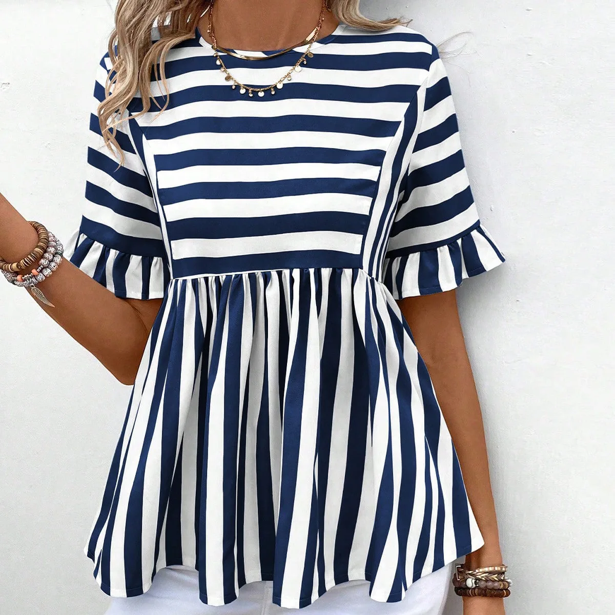

Summer Women Top Short Sleeve Dress Round Neck Striped Flounce Sleeve Loose Comfortable