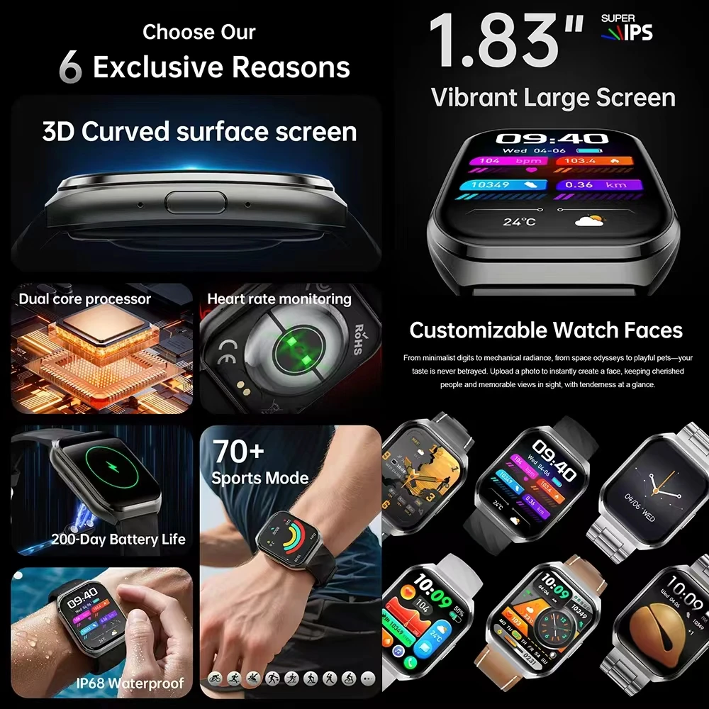 بطارية 1000 مللي أمبير في الساعة IP68 مقاومة للماء 2025 جديدة AMOLED HD ثلاثية الأبعاد شاشة سطحية منحنية للرجال والنساء رياضية بلوتوث دعوة ساعة ذكية هدية