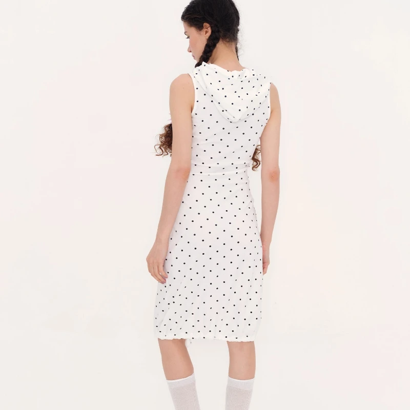 Korean White Polka Dot Stretchy Hooded Casual Drawstring Women's Dress 2025 Summer New Versatile Sleeveless Tank Dresses Ladies