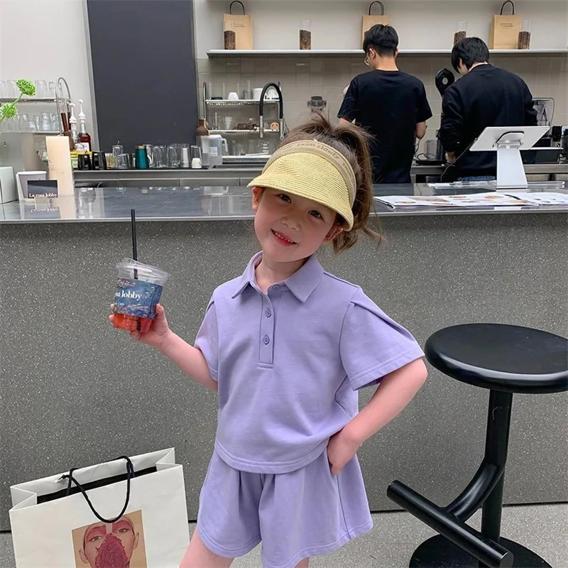 Summer Fashion Baby Clothes Sets Girl Cute Lapel T-shirt Pants  Casual Suits Children Sports Solid Color Comforts Outfits 12M-8Y image 2
