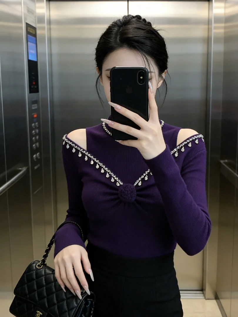 

Корейский вязаный фиолетовый топ для ношения под одеждой: модный, уникальный, красивый, премиальный, легкий, роскошный, готовый к повседневному ношению