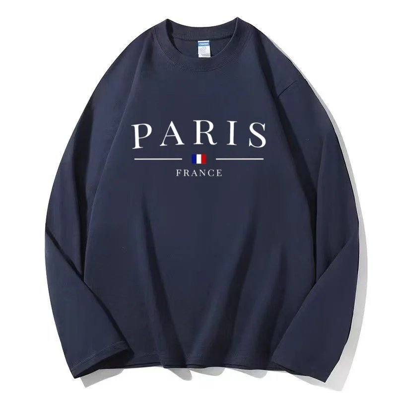 Men's PARIS FRANCE Letter Print Long Sleeve T Shirt Crew Neck Casual 100%Cotton Tops Vintage Streetwear Basic Tees for Autumn