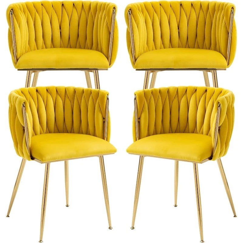 

Woven Dining Chairs Set of 4, Velvet Upholstered Dining Chairs with Gold Metal Legs, Modern Accent Chairs for Living Room,