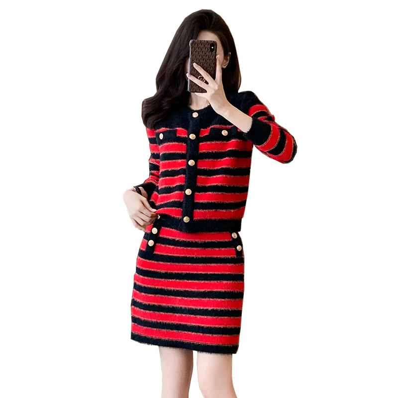 Women's small fragrant red and black striped knitted 2 pieces set, cardigan sweater jacket+high waisted A-line skirt casual set