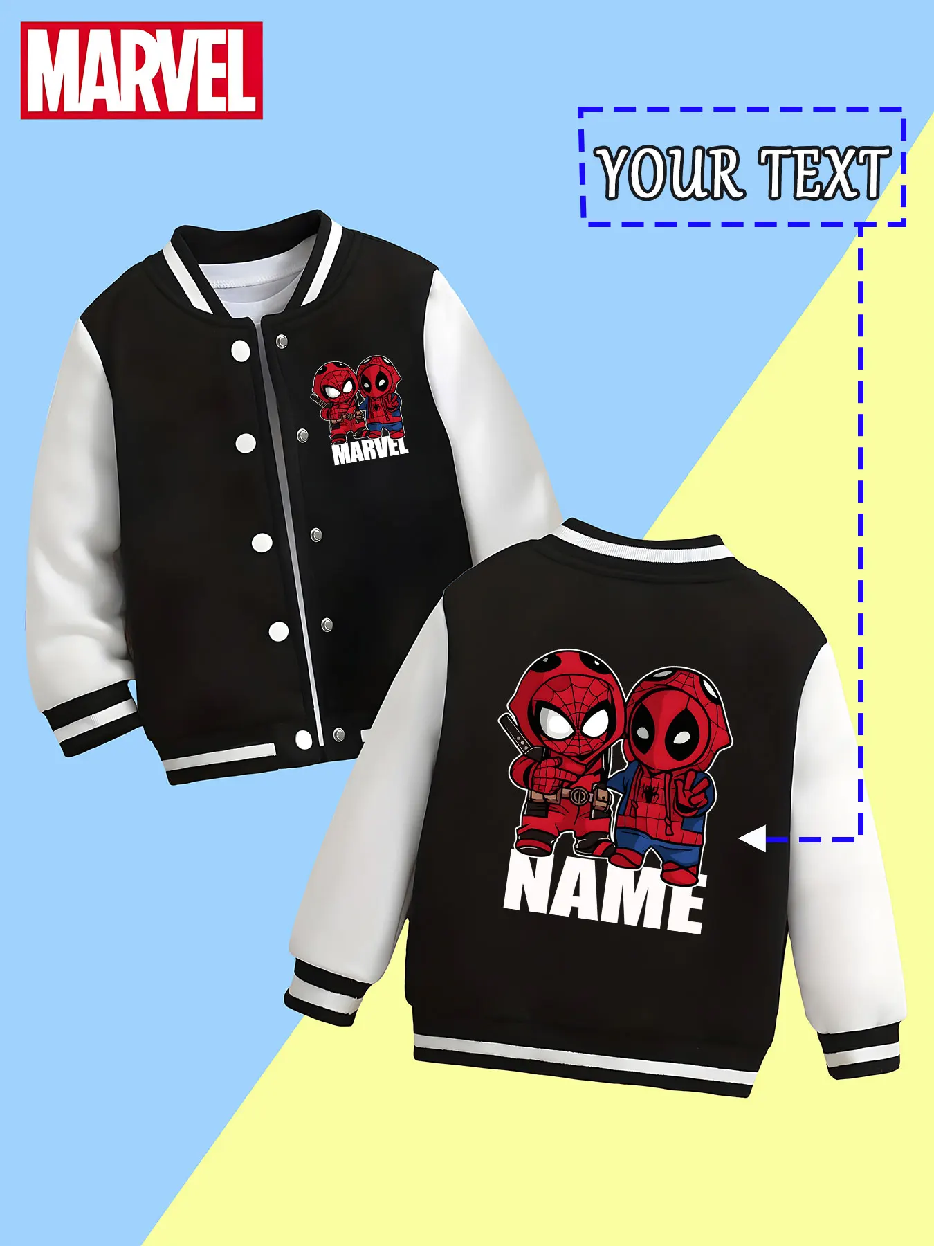 

MINISO Marvel Boys Baseball Jacket - Spider-Man and Deadpool Chibi Prints, lively and fun style, perfect for spring and autumn e